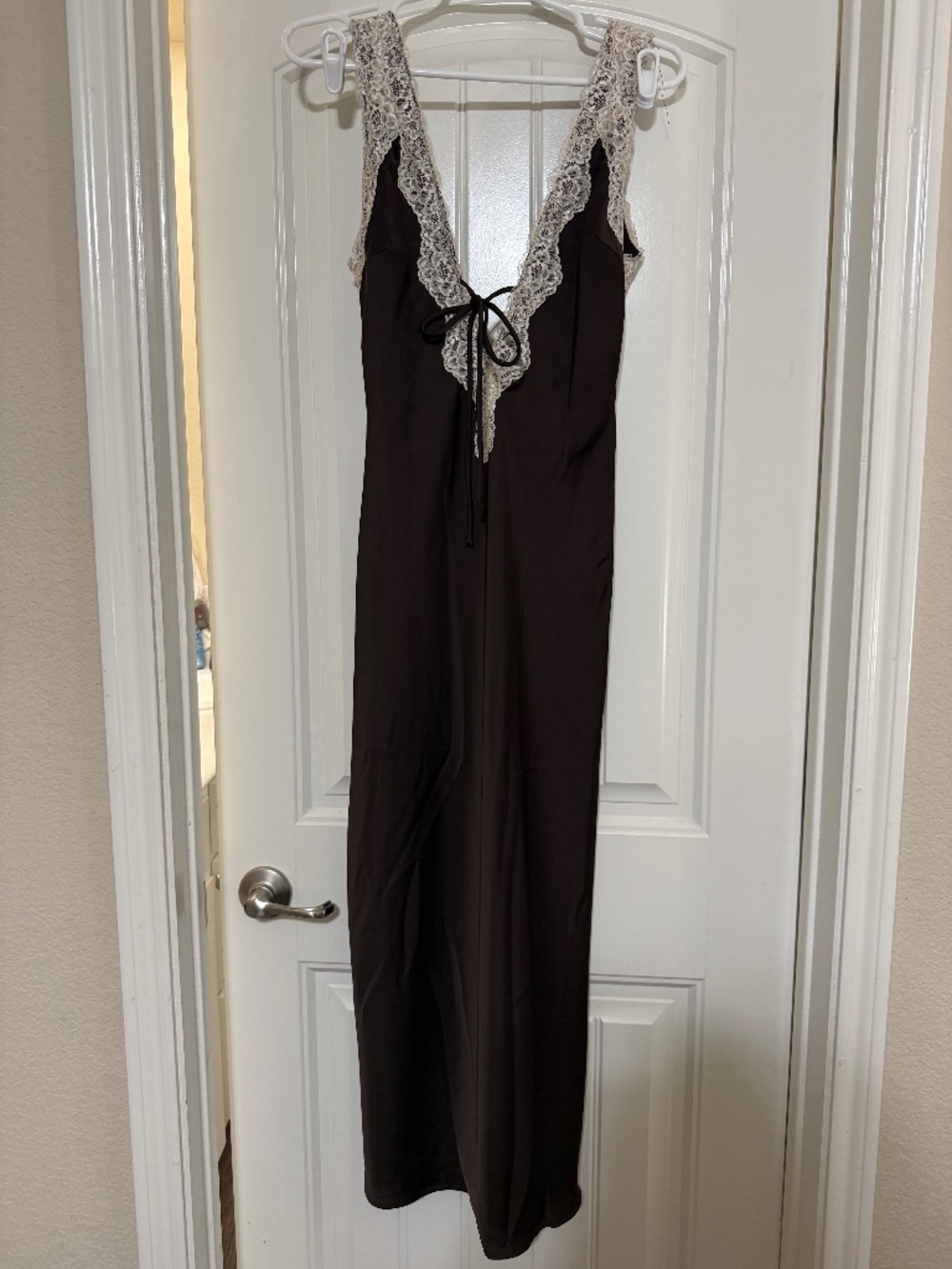 Gianni Bini - Brown Satin Midi Dress with Cream Lace